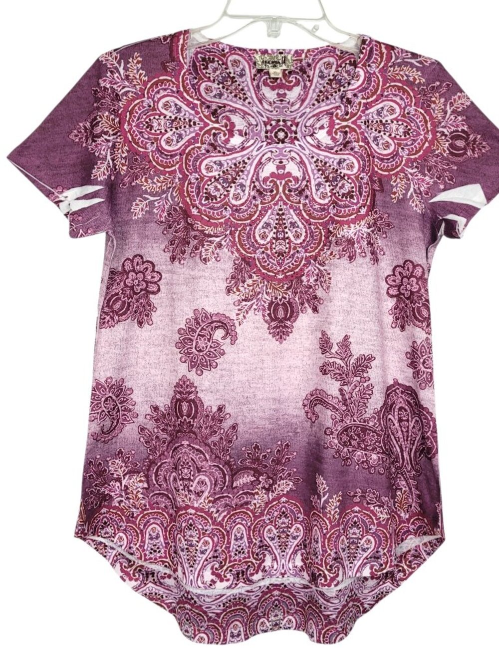 One World Top Women's XL Pink Berry Rhinestone Bling Floral Paisley Boho Fairy